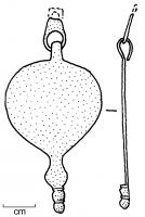 PDH-4009 - Pendant de harnais à crochetbronzePendant foliacé en tôle, lisse; base étirée terminée par un lest conique, parfois un bouton mouluré; suspension à crochet.