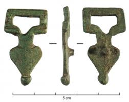 PDH-4123 - Pendant de harnais à bélièrebronzePendant de harnais foliacé, avec un bouton à la base et, au sommet, une bélière rectangulaire pour la suspension; un rivet complémentaire sécurise le pendant au revers du motif foliacé.