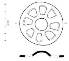 PDQ-2036 - Pendeloque en forme de rouelle à bosse centralebronzePendeloque en forme de rouelle à 6 ou 8 rayons, sans bélière de suspension mais à bosse centrale.