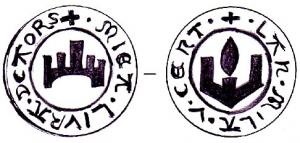PDS-9121 - Poids de ville : CahorsbronzeTPQ : 1500 - TAQ : 1500Poids circulaire : pont avec cinq tours; MIEA.LIVRA.DCAORS.+; au revers, ?; autour : LAN.MILA.V.CENT.+ (l'an 1500).