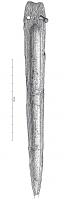 PGD-1038 - Poignard à languette non débordantebronzeTPQ : -1800 - TAQ : -1200Poignard à languette non débordante étroite, élevée, percée de 2 trous de rivet ; longue lame aux tranchants à bords rectilignes devenant convexes en partie distale ; bourrelet axial large allant du talon jusqu'à la pointe. 