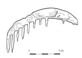 PGN-9003 - Long peigne de coiffe en écaille de tortueécaille de tortueTPQ : 1750 - TAQ : 1850Long peigne à simple denture et à traverse rectangulaire ou courbe, parfois cintrée, dont la taille excède les 10 cm de long. Les dents sont courtes, parfois courbes, avec un espacement très plus ou moins grand. Ces peignes sont fabriqués à partir d'une seule écaille de tortue. 