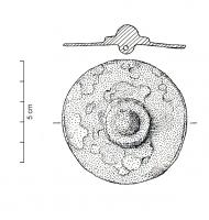 PHH-3002 - Phalère à bélièrebronzePhalère discoïdale plate avec bouton central et bélière sur la face inférieure.