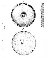 PIO-4030 - Pion de jeu marquéosJeton ou pion marqué, en forme de disque ; face supérieure galbée et moulurée au tour, face inférieure plate comportant un chiffre profondément incisé : de I à XV, sans autre inscription.