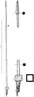 PLM-4004 - Pilum à soie et virole carréeferPilum à soie, à forte pointe pyramidale, caractérisée par sa virole en tronc de pyramide (parfois prolongée aux angles inférieurs par quatre ergots).