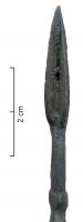 PLU-8001 - Plume à écrirebronzeUstensile à écrire en alliage cuivreux ; fût couvert de facettes alternées dans sa partie médiane avec rangées longitudinales de facettes ; sommet  plat, de section sub-circulaire ; pointe de forme lancéolée, section à 4 cannelures re rejoignant à la pointe effilée.