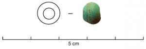PRL-3547 - Perle annulaire massive unieverrePerle annulaire (ou sub-sphérique) massive (D. perforation < D. section) unie, en verre vert clair à bleu clair opaque, de petit module.
