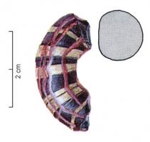 PRL-3598 - Perle annulaire massive : décor en damier - gr. Haev. 25verrePerle annulaire massive (D. perforation < D. section) en verre de couleur pourpre ; décor dans la masse de filets transversaux blancs opaques autour de la section et longue spirale longitudinale pourpre formant un décor en damier. Le diamètre externe est de l'ordre de 20 à 30 mm