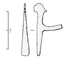 PTS-4002 - Verrou cache-serrure, ou fermoirbronzeVerrou de boîte, monté sur une tige perpendiculaire servant également d'axe de rotation, avec souvent une plaque de tôle  pour faciliter le glissement, voire le blocage du dispositif ; le bouton de manipulation effilé évoque une tête d'oiseau très simplifiée.
