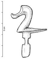 PTS-4004 - Clavette de fixation : anatidébronzeVerrou entièrement coulé en alliage cuivreux,en forme de figurine d'anatidé aux ailes refermées, prolongé par une tige courte et plate, échancrée sur les côtés, permettant de manœuvrer sous la plaque de serrure un volet coulissant qui vient refermer l'entrée de serrure lorsque la clé n'est pas engagée.
