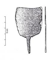 RSR-1002 - Rasoir à double tranchant : type MontpezatbronzeRasoir à double tranchant, à soie de section sub-rectangulaire; lame plate et fine, aux bords généralement convexes, parfois légèrement concaves, sa partie distale est légèrement concave ou parfois légèrement convexe.