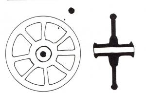 RUL-4008 - Rouelle : Type B1abronzeRouelle en bronze dont le diamètre est supérieur à 40mm. Elle est formée de 8 rayons. Le moyeu est prééminent et percé de part en part. La jante est de section ronde ou ovale.