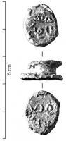 SCL-5001 - Scellé : butin de NarbonneplombTige cylindrique, de poids variable, écrasée aux deux extrémités par la frappe de coins ou avec une pince. Inscriptions en caractères coufiques; sur une face, soit les lettres alif et lâm; soit aghnûm tayyib, 