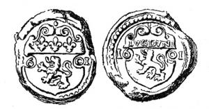 SCL-9017 - Sceau de douane : Lyon, Henri IVplombD'un côté, blason échancré de la ville de Lyon sous 3 fleurs de lis, dans les éclisses 16 / 01 ou autre date ; de l'autre, blason écancré de la ville de Lyon sous LVGDVNI, dans les éclisses, date 16 / 01 ou autre.