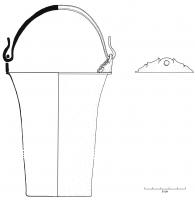 SIT-4015 - Situle de type Eggers 36bronzeSitule tronconique à parois concaves (forme de 'kalathos') et anse libre; mais au lieu d'être articulée sur des attaches triangulaires fixées sous le bord, l'anse joue ici dans deux attaches fixées par brasure sur la lèvre du vase.