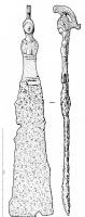SPC-4005 - Spatule à cire : Minervefer, bronzeTPQ : 1 - TAQ : 300Spatule en fer sur laquelle est coulé un manche figuré en bronze, figurant un buste de Minerve avec la cuirasse ornée d\'un gorgoneion, et un casque corinthien relevé sur le crâne, à haut cimier en panache. Styles variés selon les provinces.