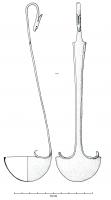 SPL-3003 - Simpulum italique à manche vertical, canidébronzeSimpulum tardo-républicain, caractérisé par une vasque profonde, approximativement hémisphérique, à lèvre épaissie et souvent un bord aplati; deux ergots marquent le départ du manche, plat et cannelé; le sommet est également pourvu d'ergots et se termine en crochet représentant une tête de canidé.