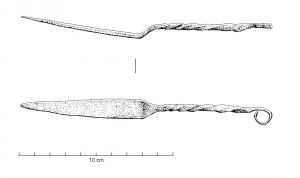 SPT-7001 - SpatuleferLame ogivale étroite, prolongée par une tige en S torsadée, se terminant par un anneau de suspension.