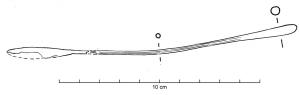 SSP-4026 - Spatule-sonde type Riha EbronzeInstrument double constitué d'une tige lisse ou cannelée plus ou moins renflée dans sa partie médiane, pourvue d'une petite spatule en forme de langue et à l'autre extrémité d'un épaississement en forme d'olive. L'attache de la spatule présente une moulure. La petite spatule en forme de langue ou de feuille d'olivier est la caractéristique principale du type.