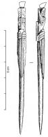 STY-6003 - Stylet au dragonosStylet constitué d'une tige à pointe effilée et palette triangulaire, étirée en longueur; ce type est caractérisé par la présence, au sommet de la tige, d'un dragon aux ailes étirées le long du corps. Le sommet de l'objet peut être percé pour la suspension.