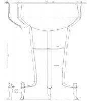 TRP-2003 - Bassin tripodebronzeBassin en tôle, à panse légèrement carénée et fond arrondi, bord déversé riveté sur un support tripode en barres plates reliées entre elles à mi-hauteur, et reposant sur des pieds coulés, en forme de jambes humaines.