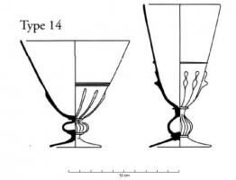 VAB-8009 - Verre à boire Barrera 14verreVerre à boire avec une coupe tronconique plus ou moins évasée, avec décor de filets rapportés et de gouttes saillantes. La coupe est posée sur une tige-bouton, courte, soufflée-moulée à côtés verticales fines. La base est un disque fin, quasi-plan.