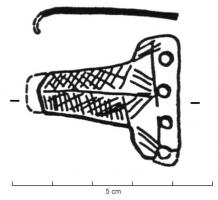 AGC-2014 - Agrafe de ceinturebronzeAgrafe plate, de forme allongée, avec une languette recyangulaire terminée par une plaque transversale; décor de hachures incisées.