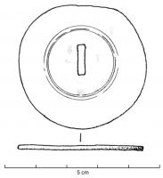 APM-4008 - Applique circulairebronzeApplique circulaire, ornée de cercles concentriques et sans dispositif de fixation, mais percée au centre d'une fente quadrangulaire.