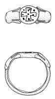 BAG-9140 - Bague à chaton platargentBague à chaton plat avec des restes de surface dorée à l'intérieur. Le chaton plat, non proéminent, est gravé d'une croix pattée à quatre branches avec des petits points (dans et entre les branches). Le chaton est encadré par des abeilles sur le jonc annulaire.
