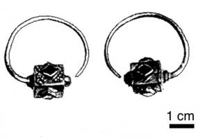 BCO-5022 - Boucle d'oreille polyédriqueor, pierreBoucle d'oreille avec pendentif polyédrique à verroteries ou grenats en bâte, grènetis, sphérules, tubes (sans ou avec crochet) 