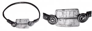 BRC-4245 - Bracelet ouvert à spirale et plaque inscrite, filiformebronzeBracelet filiforme, dont deux extrémités sont enroulées sur elles-mêmes pour encadre une plaque rectangulaire, inscrite.