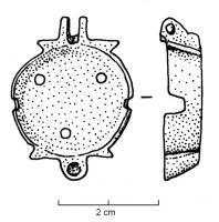 BTS-4224 - Boîte à sceau circulairebronzeBoôite à sceau circulaire, dont le fond comporte quatre ergots parallèles deux à deux, correspondant à la découpe du couvercle ; fond percé de 3 perforations cerclées.