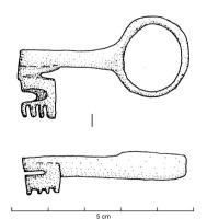 CLE-4187 - ClébronzeClé en bronze dont l'anneau, qui porte un plat sommital rectangulaire, se prolonge par une tige de section octogonale coulée sur un canon creux muni d'un paneton en méandres.