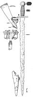 EPE-7004 - EpéeferEpée à soie plate, pommeau en sphère aplatie avec les angles abattus ; garde rectiligne ; lame large, de section losangique.