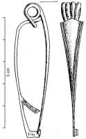 FIB-3079 - Fibule de Nauheim 5c11bronzeRessort à 4 spires, et corde interne ; arc tendu de forme triangulaire à décor moulé en relief ; 2 paires de lignes parallèles latérales. Porte-ardillon trapézoïdal ajouré. 