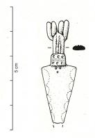 FIB-3101 - Fibule de Nauheim 5c ou F.6bronzeTPQ : -120 - TAQ : -50Ressort à 4 spires et corde interne ; arc plat, triangulaire et tendu ; porte-ardillon trapézoïdal ajouré ; arc bipartite, avec une tête épaisse, à bord parallèles et cannelée sur le dessus, et vers le pied une partie plate, triangulaire, effilée vers le pied, à décor d'arcs poinçonnés sur les bords; entre les deux, bague ornée de deux lignes transversales de points.