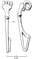 FIB-3104 - Fibule à coquille type MailhacbronzeFibule à coquille (l'arc s'évase vers la tête pour couvrir entièrement le ressort, qui n'est pas placé dans le prolongement de l'arc mais en dessous) ; arc coulé, interrompu par des moulures ; ressort bilatéral à 4 spires et corde interne.