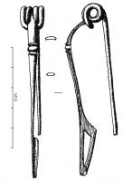 FIB-3859 - Fibule à arc filiforme et nodositébronzeRessort à 4 spires et corde interne ; arc plat, parfois plat vers la tête mais toujours étroit, interrompu d'un bulbe éventuellement mouluré ; porte-ardillon trapézoïdal ajouré ; vers le pied, la section est le plus souvent circulaire ou aplatie, mais toujours mince.