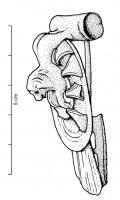 FIB-4079 - Fibule léontomorphe à queue de paonbronzeFibule à queue de paon, dont le disque et le pied sont deux pièces distinctes, mais dont l'arc est remplacé par le corps schématisé d'un lion, reposant d'un côté sur le couvre-ressort cylindrique et posant les pattes antérieures au centre du disque. Variante avec le disque et le pied fabriqués en deux pièces séparées.