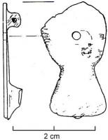 FIB-4093 - Fibule à queue de paon à charnière (F.20e1)bronzeFibule à queue de paon et à charnière (deux plaquettes parallèles placées sous la plaque) ; pied et plaque  sont d'un seul tenant ; sur le disque, décor riveté, avec parfois des ergots sur le pourtour. Variante à plaque circulaire.