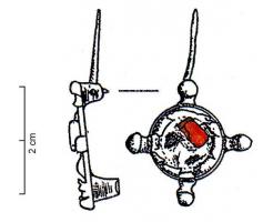 FIB-41224 - Fibule circulaire émailléebronzeTPQ : 150 - TAQ : 250Fibule circulaire à charnière, de petite taille, émaillée; sur le pourtour, 4 boutons moulurés.
