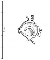 FIB-41336 - Fibule émaillée ?bronzeObjet émaillé consistant en une partie circulaire avec une lunule inscrite, anneaux ou protubérances circulaires émaillées autour.