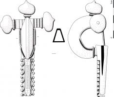 FIB-41538 - Fibule cruciforme Keller/Pröttel 5bronze doréTPQ : 390 - TAQ : 460Fibule cruciforme constituée de différentes parties assemblées: bulbes en oignon pouvant être facettés, gaine hexagonale avec ajout de décoration, arc relativement long, assez large, pied également assez long avec un décor de trapèzes ou de peltes. L'arc et le pied sont souvent inornés, mais peuvent faire l'objet d'un motif répétitif simple.