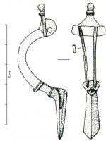 FIB-4508 - Fibule Böhme 27abronzeFibule à arc bifide, reposant sur une plaque de tête triangulaire masquant la charnère, et de l'autre côté sur un pied oblong, en toit (lisse ou orné de cercles oculés); porte-ardillon en étui.