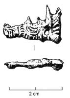 FIB-4613 - Fibule zoomorphe, griffon ou groupebronzeTPQ : 40 - TAQ : 90Broche plate, au corps étamé rayé de traits niellés. Il semble s'agir d'une poursuite de deux animaux, ou d'un animal suivant un cavalier (?).