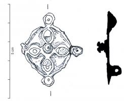 FIB-4698 - Fibule circulaire émailléebronzeTPQ : 150 - TAQ : 300Fibule circulaire ornée sur le pourtour de quatre disques émaillés; au centre, quatre pétales également émaillés, autour d'un bouton central riveté et émaillé, en relief.