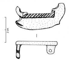 FIB-4804 - Fibule skeuomorphe : galèrebronzeTPQ : 100 - TAQ : 250Fibule en forme de bateau : galère à rames, avec proue et éperon, poupe redressée.