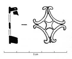 FIB-4856 - Fibule géometrique platebronzeFibule plate, dont la charnière disposée au revers comporte deux plaquettes coulées reliées par un axe en fer. Forme entièrement ajourée, composée de bras concaves formant aux angles quatre fleurons et se rejoignant parfois sur un carré à bords concaves.