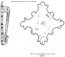 FIB-4971 - Fibule géometrique platebronzeTPQ : 40 - TAQ : 70Fibule géometrique losangique, à bord concaves, équipés d'excroissances semi-circulaires