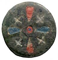 FIB-6035 - Fibule circulaire émailléebronzeSimple disque creusé de loges nettement séparées, de forme simple (cercles, gouttes et croix), émaillées en bleu foncé et rouge.